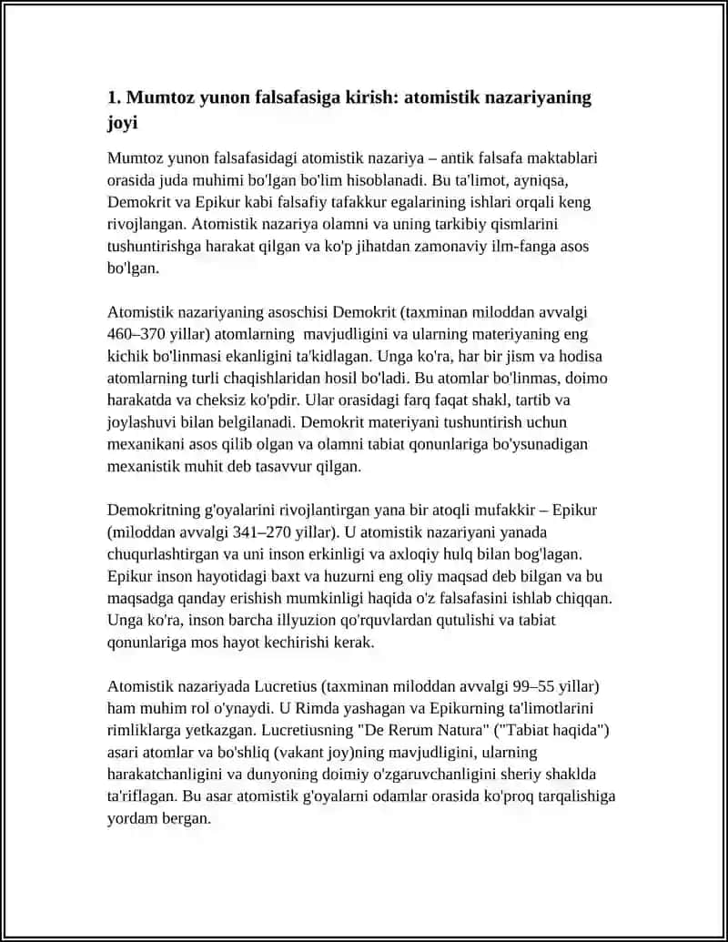 Mumtoz Yunon falsafasi va Levkipp-Demokratning atomistik ta'limoti to'grisida esse tayyorlash 4