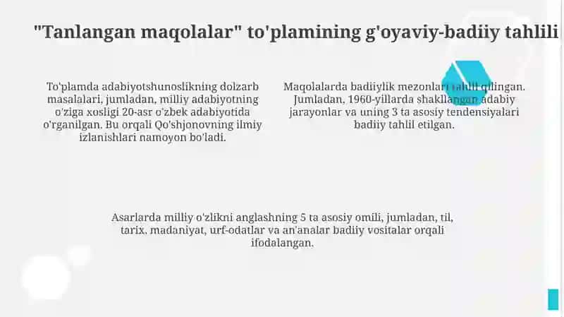 Matyoqub Qo'shjonovning ''Saylanma'' maqolalar to'plami va ''O'zbekning o'zligi'' asari tahlili 4