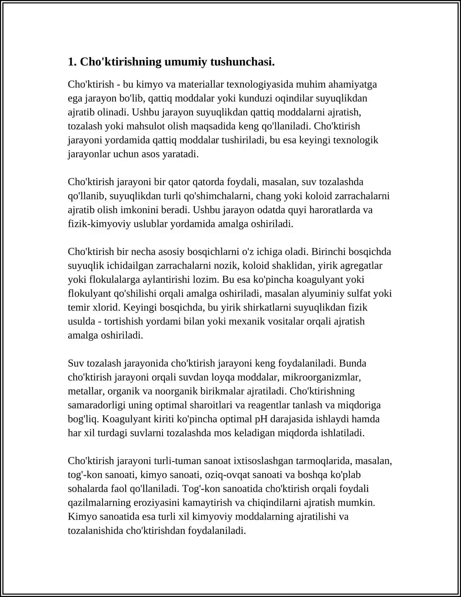 ANALIZDA BIRGALASHIB CHÕKISHNING IJOBIY VA SALBIY AHAMIYATI. CHÕKTIRISH REAKSIYA LARIDAN FOYDALANIB ELEMENTLARINI AJRATISH.CHÕKTIRISH UCHUN NOORGANIK VA ORGANIK REAGENTLARNI QÕLLASH 4