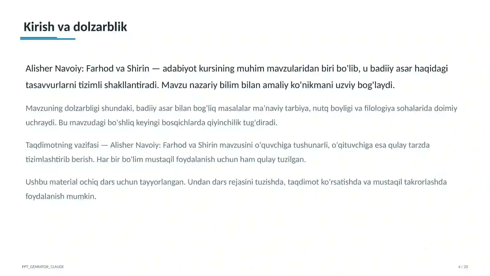 Alisher Navoiy: Farhod va Shirin (8-sinf) 4