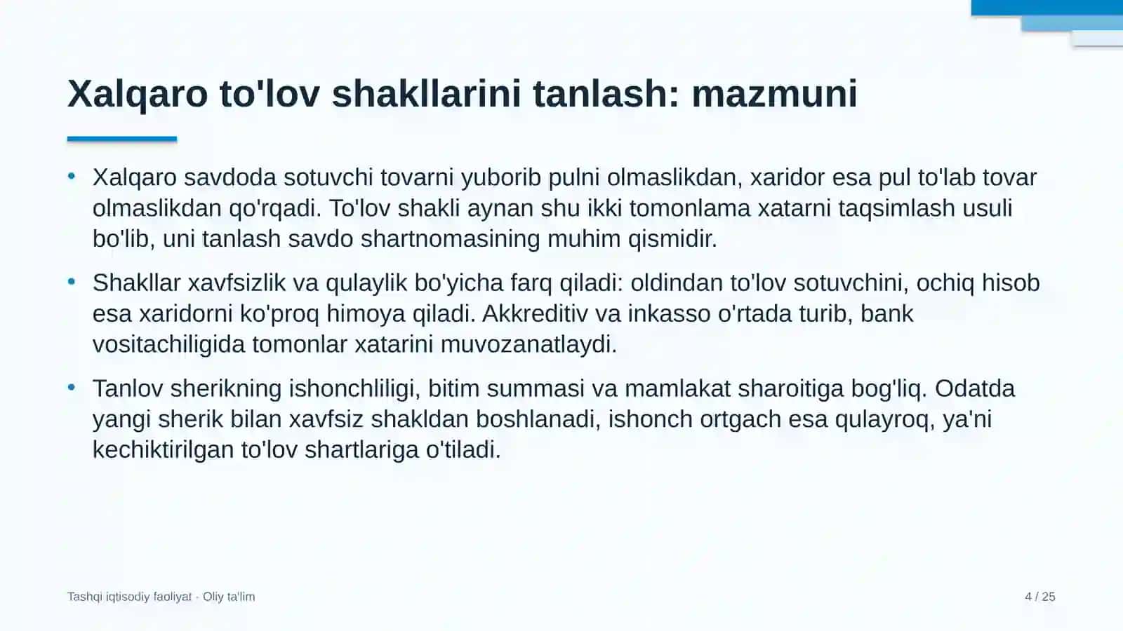 Boshqaruv servis kompaniyalarida xalqaro to'lov shakllarini tanlash 4