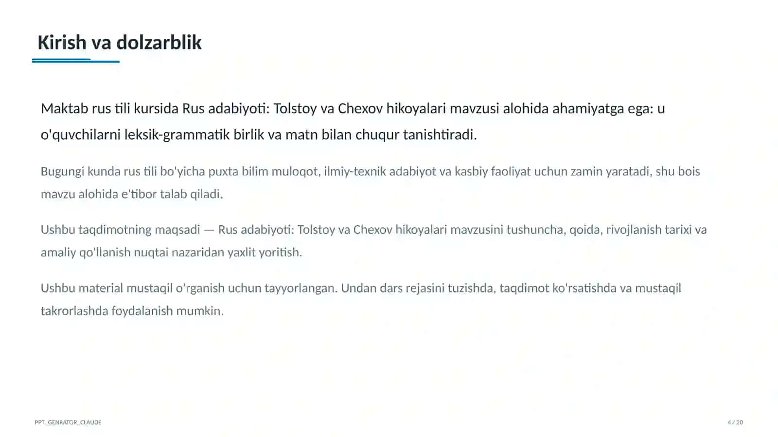 Rus adabiyoti: Tolstoy va Chexov hikoyalari (10-sinf) 4