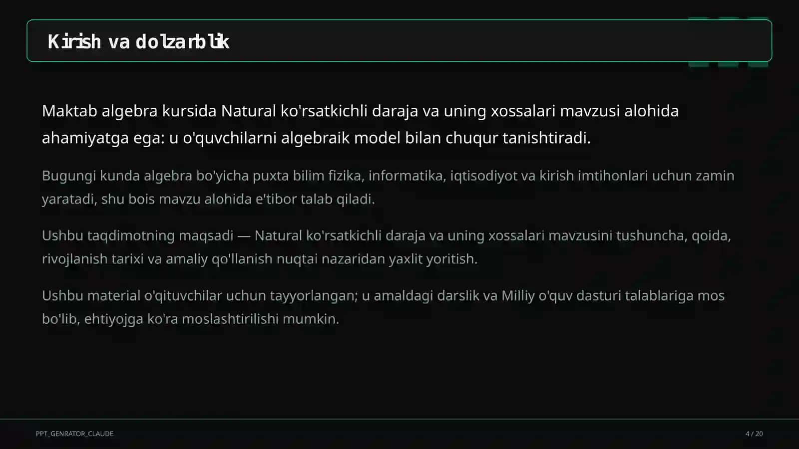Natural ko'rsatkichli daraja va uning xossalari (7-sinf) 4
