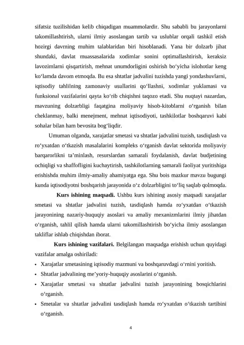 Xarajatlar smetasi va shtatlar jadvalini tuzish, tasdiqlash va ro‘yхatdan o‘tkazish 4