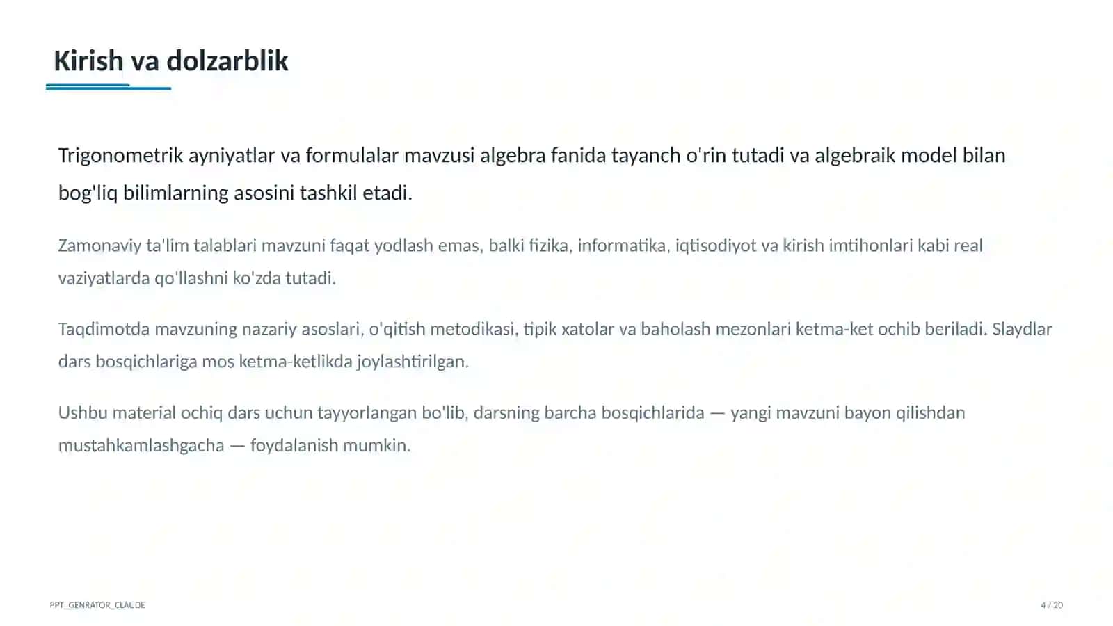 Trigonometrik ayniyatlar va formulalar (10-sinf) 4