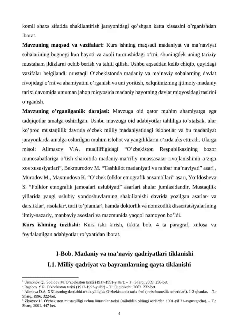 MUSTAQILLIK YILLARIDA O‘ZBEKISTON RESPUBLIKASIDA MADANIY VA MA’RIFIY SOHADA AMALGA OSHIRILAYOTGAN ISLOHOTLAR KURS ISHI 4