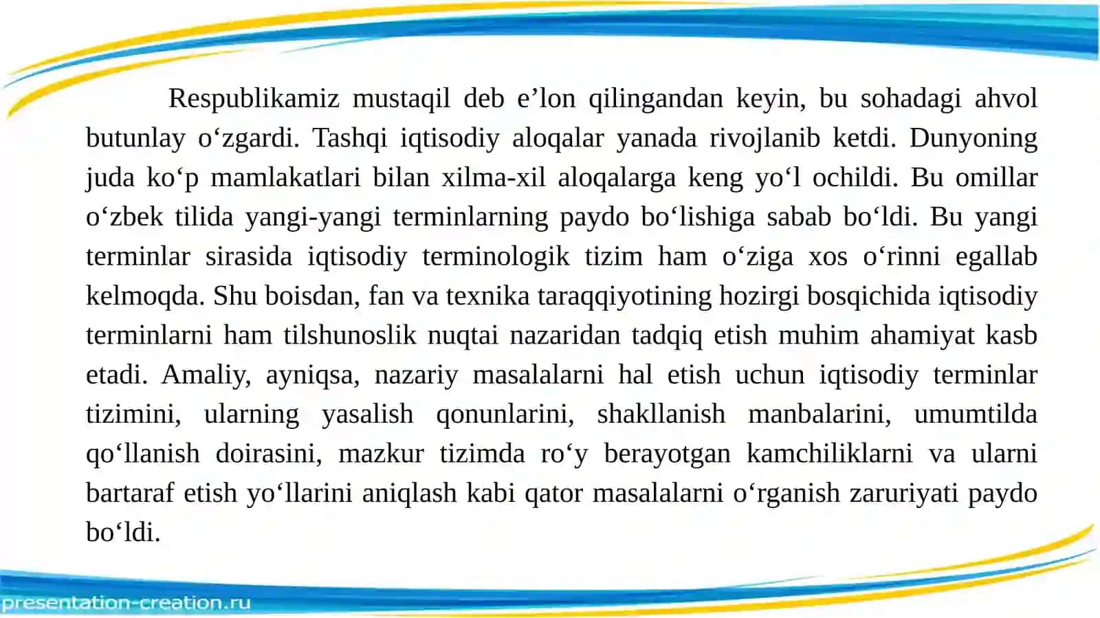 Til va terminologiya. O‘zbek terminologiyasining taraqqiyot bosqichlari. Tilning lug‘at tarkibi. O‘zbek leksikografiyasi. Umumiy va maxsus lug‘atlar. Sohaviy lug‘atlarda terminlar. Tezaurus haqida ma’lumot 4