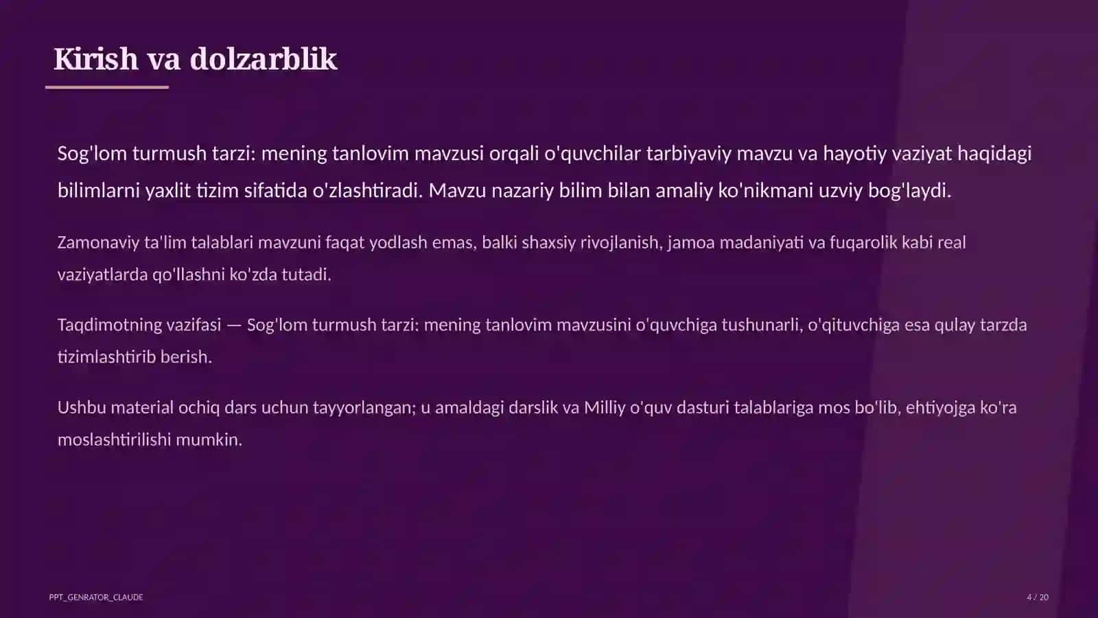 Sinf soati va tarbiyaviy tadbirlar (1– 11) — ochiq dars uchun 4