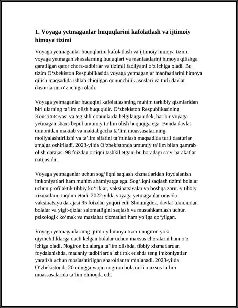 VOYAGA YETMAGANLAR, MEHNATGA LAYOQATSIZLAR VA YOLGʻIZ KEKSALAR HUQUQINING KAFOLATLARI 4