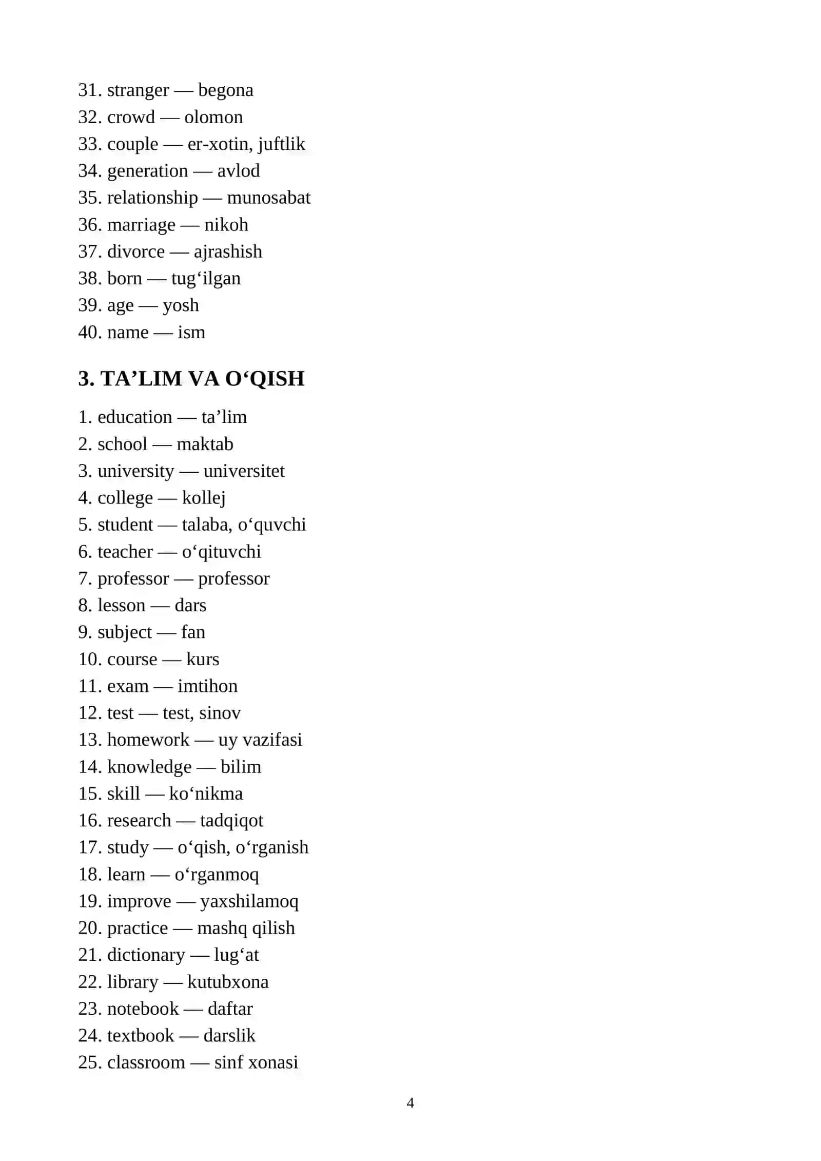 INGLIZCHA–O‘ZBEKCHA SO‘ZLAR TO‘PLAMI 4