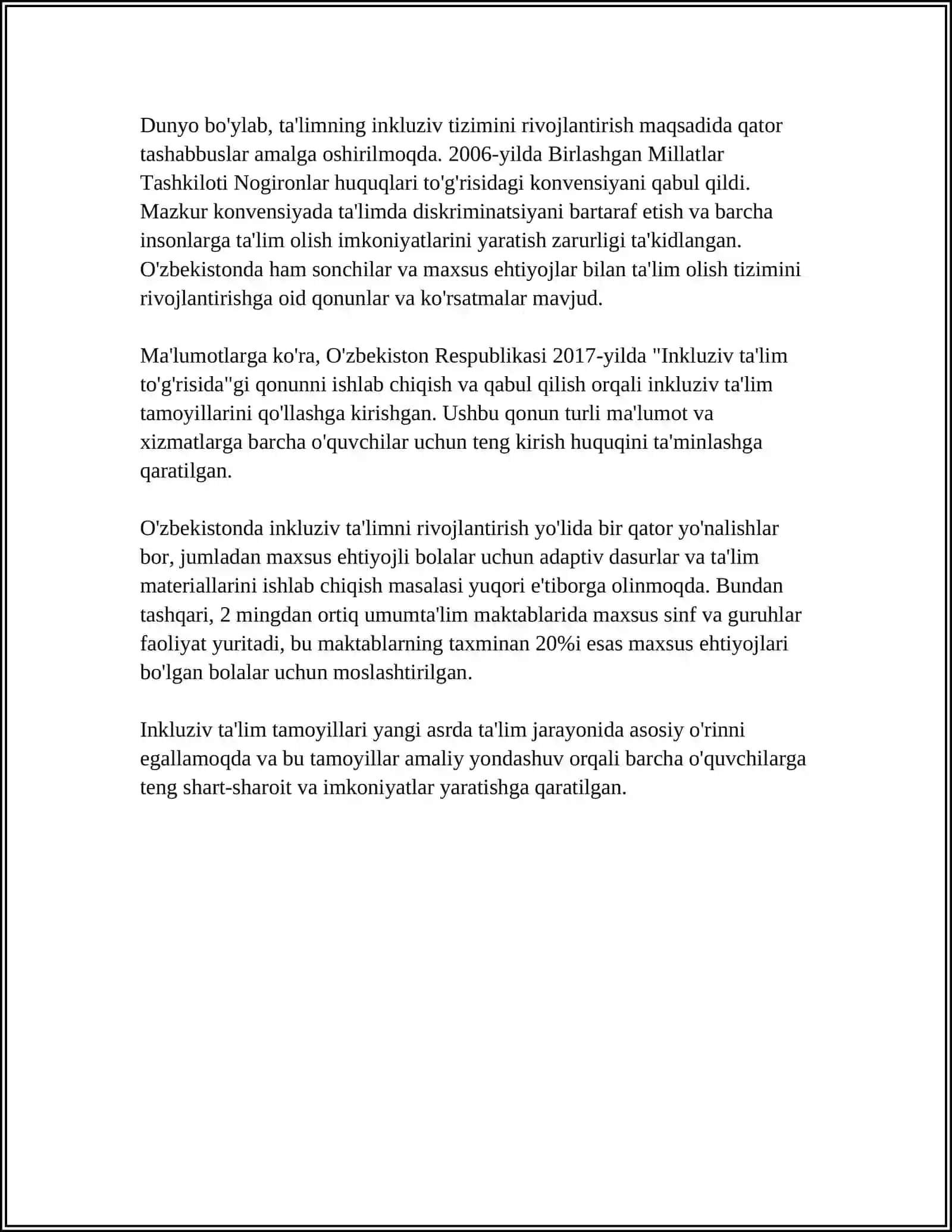 IMKONIYATI CHEKLANGAN BOLALARNI INKLYUZIV TA'LIM VA TARBIYALASH KANSEPSIYASINI O'RGANISH 4