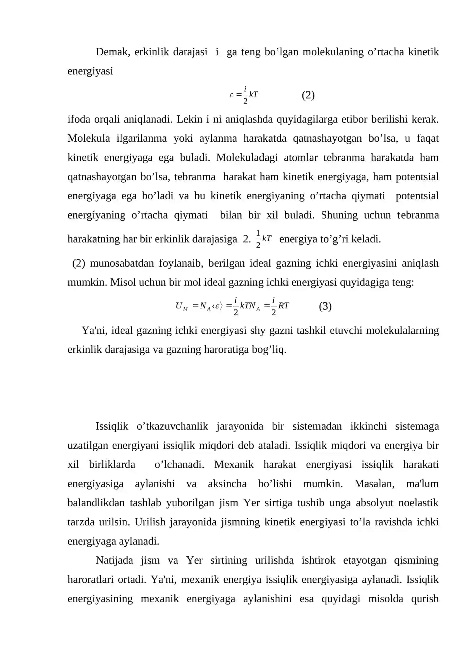 Erkinlik darajasi. Idеal gaz ichki enеrgiyasi 4