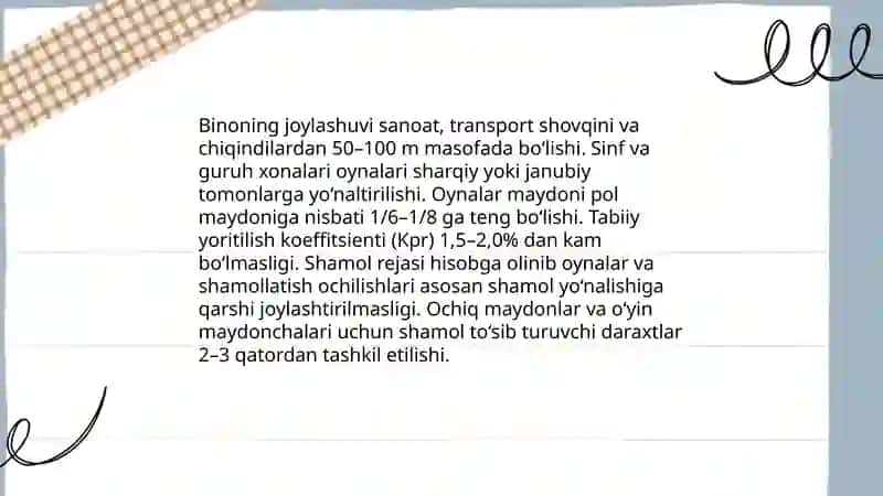 Bolalar muassasalarini loyihalashtirish, qurish va jihozlashga boʻlgan gigiyenik talablar 4