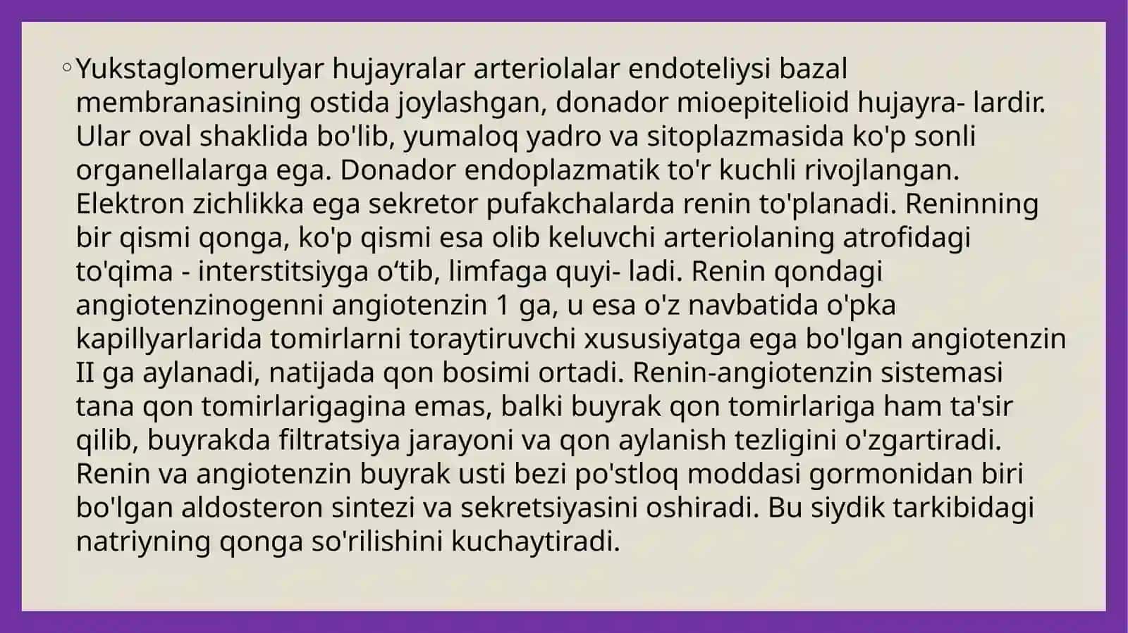 BUYRAKNING YUKSTAGLOMERULYAR APPARATI SITOFIZIOLOGIYASI.NEFRONNING GISTOFIZIOLOGIYASI.BUYRAKLAR TUZILISHI VA REGENERATOR IMKONIYATLARINING YOSHGA 4