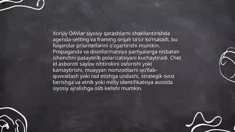 Xorijiy ommaviy axborot vositalarining orqali tarqatiladigan axborotning natijasida qanday ijtimoiy oʻzgarishlarni yuz berish mumkin 4