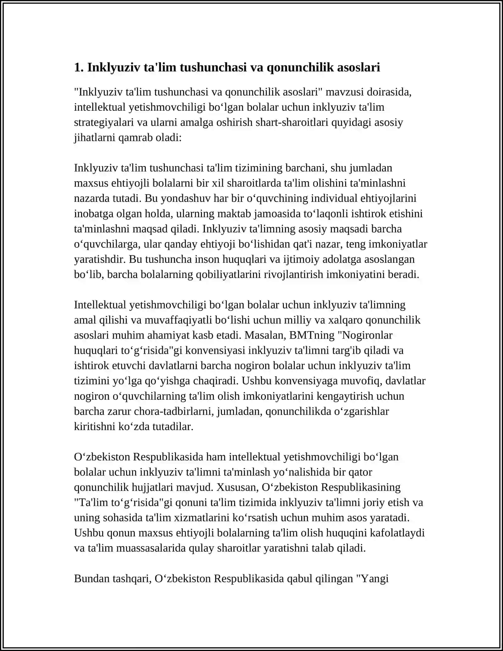 TURLI DARAJADAGI INTELLEKTUAL YETISHMOVCHILIGI BO‘LGAN BOLALAR UCHUN INKLYUZIV TA’LIM STRATEGIYALARI VA ULARNI AMALGA OSHIRISH SHART-SHAROITLARI 4