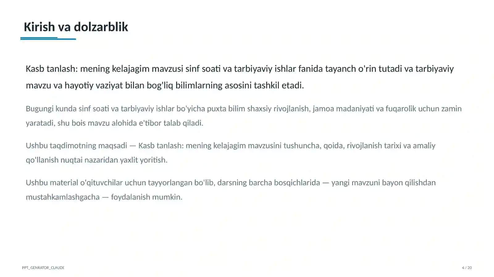 Sinf soati va tarbiyaviy tadbirlar (1–11) — o'qituvchilar uchun 4