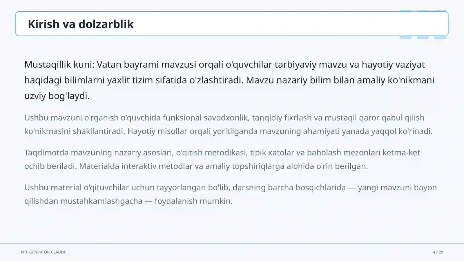 Sinf soati va tarbiyaviy tadbirlar (1–11) — o'qituvchilar uchun 4
