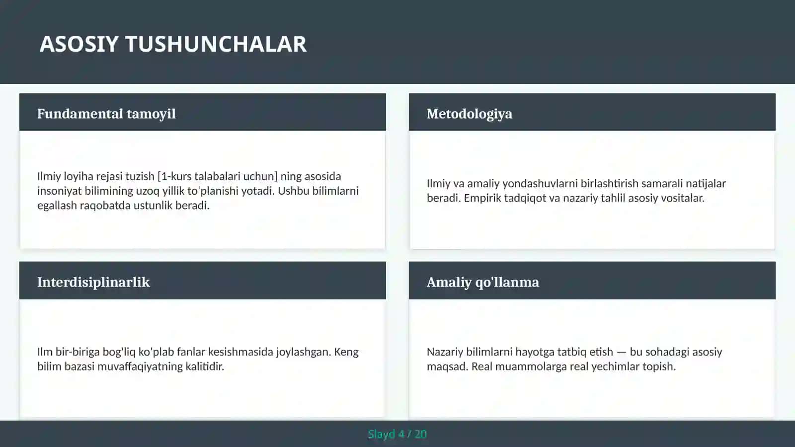 Ilmiy loyiha rejasi tuzish [1-kurs talabalari uchun] 4
