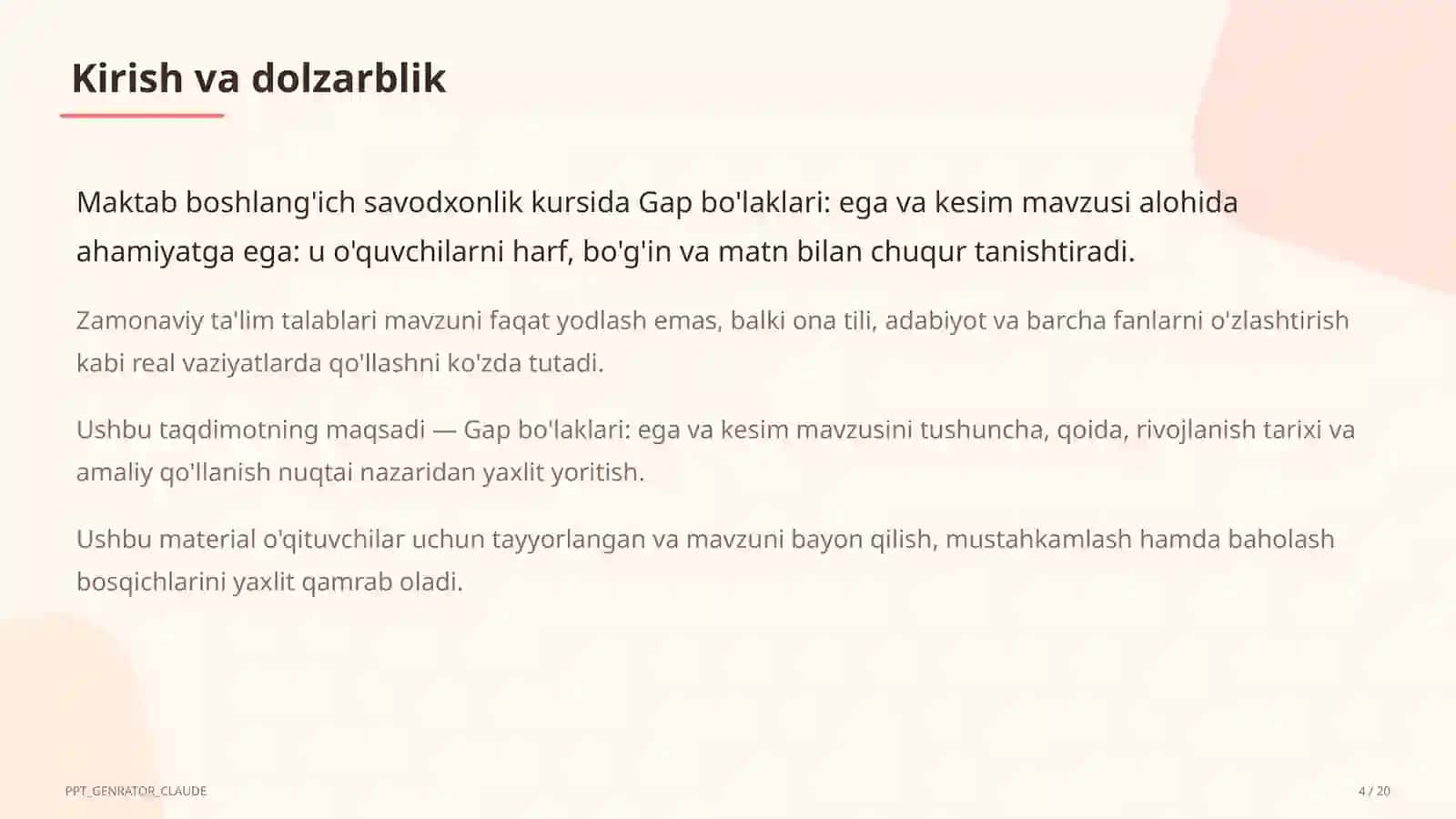Boshlang'ich sinf: Ona tili va o'qish (1–4) — o'qituvchilar uchun 4