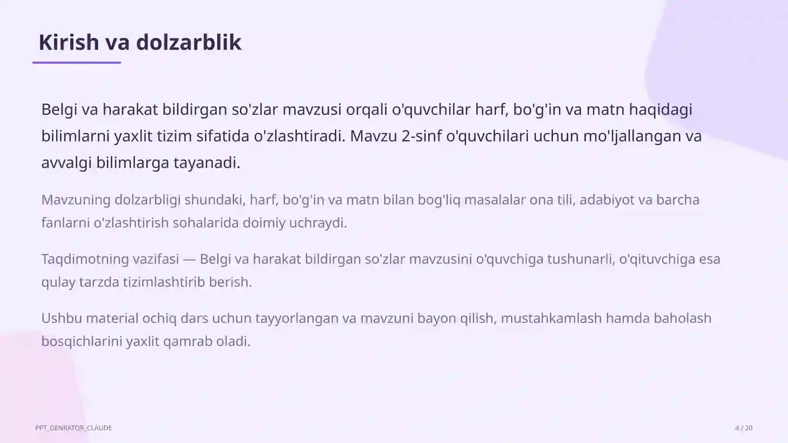 Belgi va harakat bildirgan so'zlar (2-sinf) 4