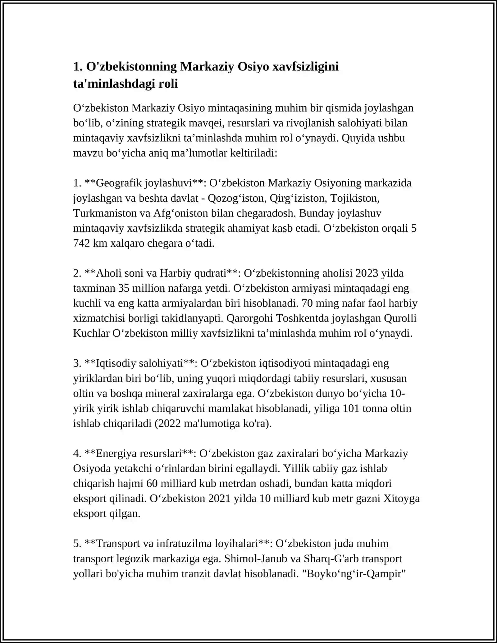 O'ZBEKISTONNING MARKAZIY OSIYODA TINCHLIK VA BARQARORLIKNI TA'MINLASHDAGI O'RNI 4