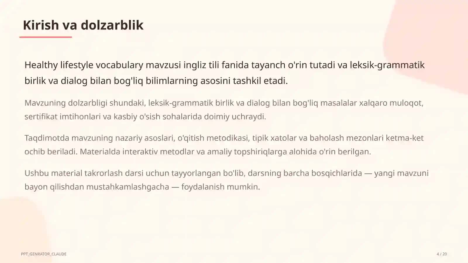 Healthy lifestyle vocabulary (7-sinf) 4