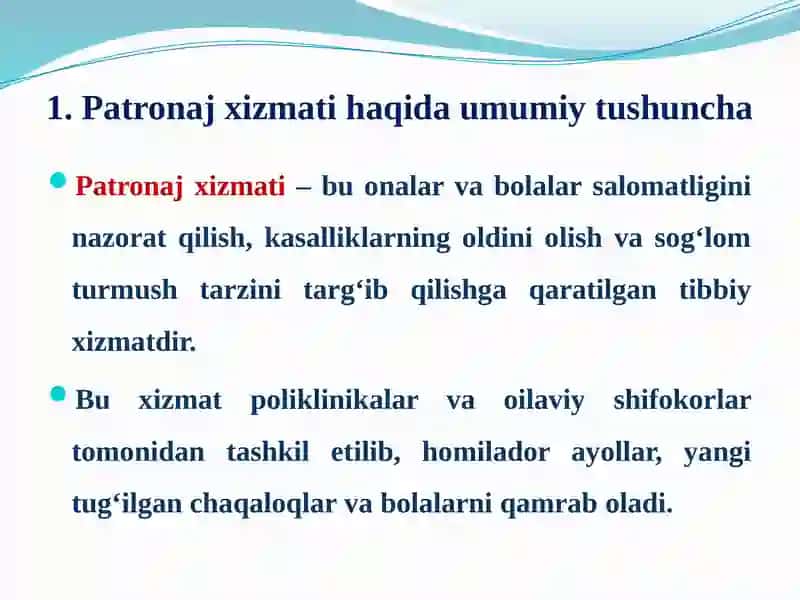 ONALAR VA BOLALAR KASALLIKLARINING OLDINI OLISH BO`YICHA PATRANAJ HIZMATI 4