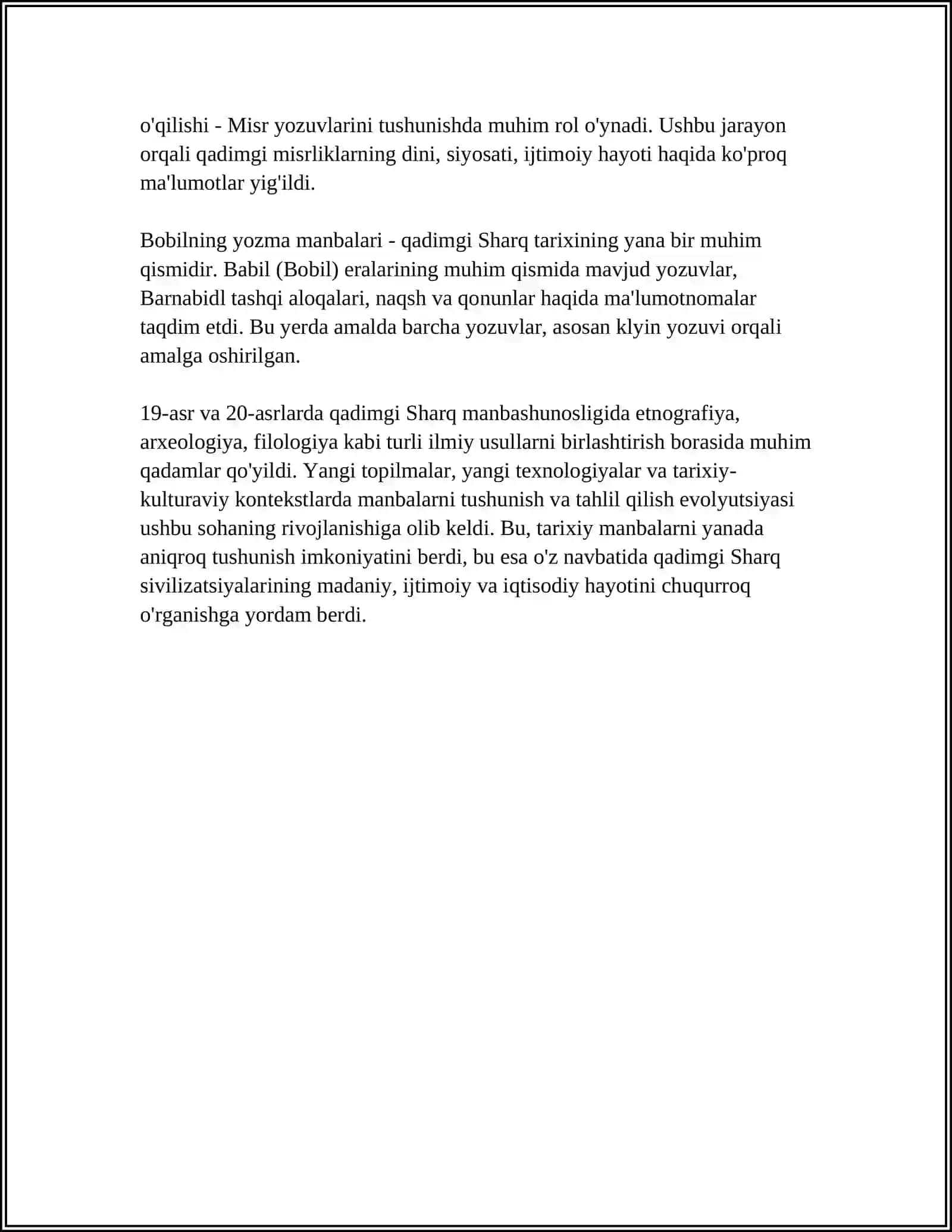 MUSTAQIL ISH Mavzu: QADIMGI SHARQ MANBASHUNOSLIGI VA UNING OʻRGANILISH TARIXI 4