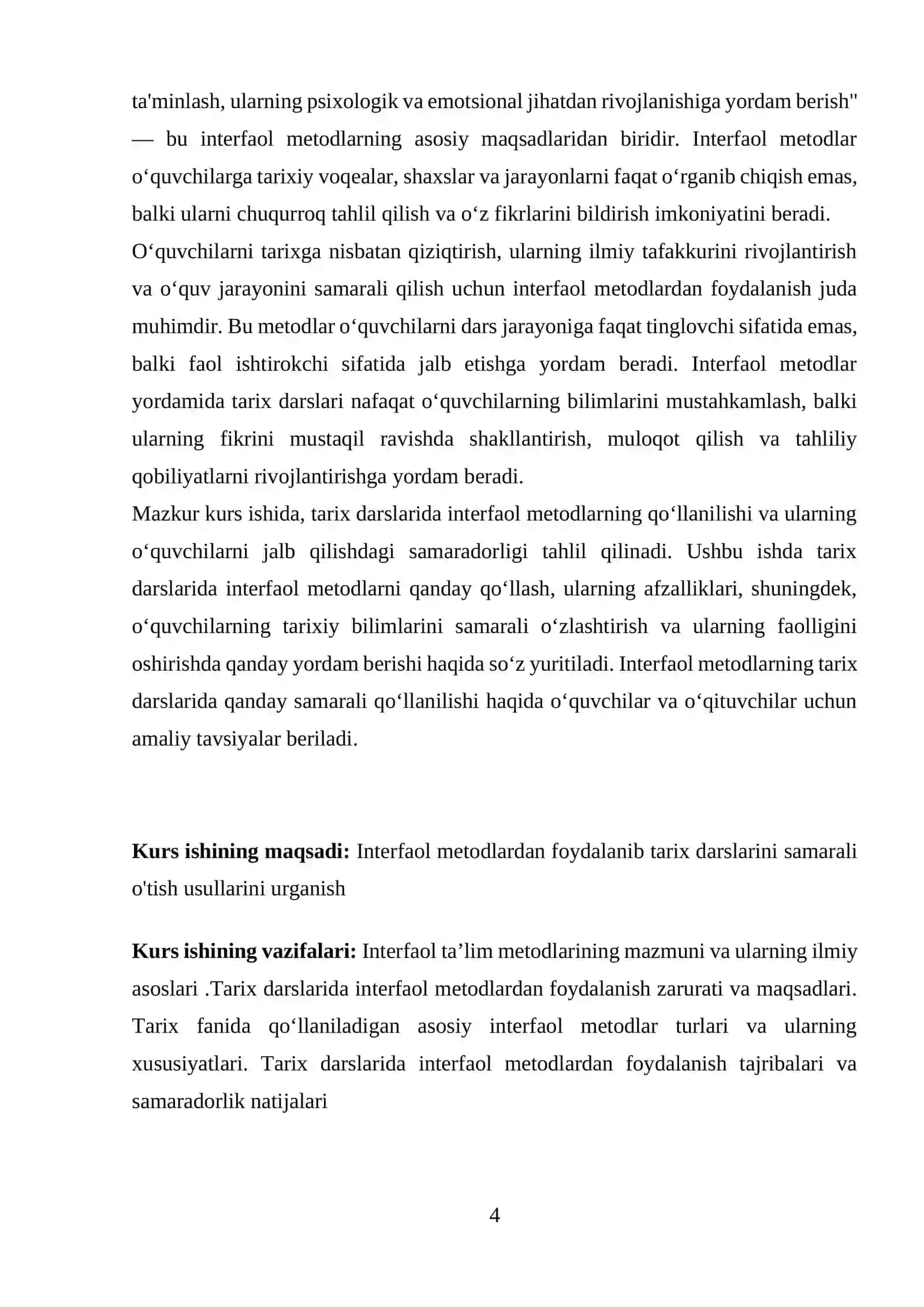 Interfaol metodlardan foydalanib tarix darslarini samarali o'tish usullari KURS ISHI 4