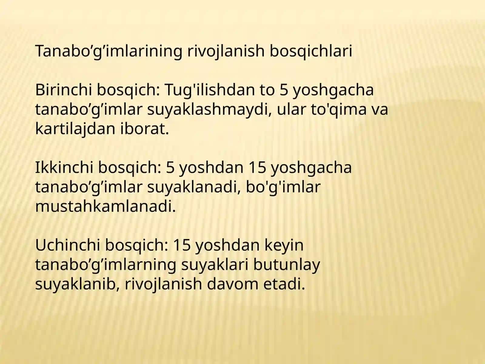 Tana bo’g’imlarining rivojlanishi, umurtqabirlashmalarining rivojlanishidagi o’zgarish xususiyatlari, va fiziologik qiyshaymalarning paydo bo’lish davrlari 4