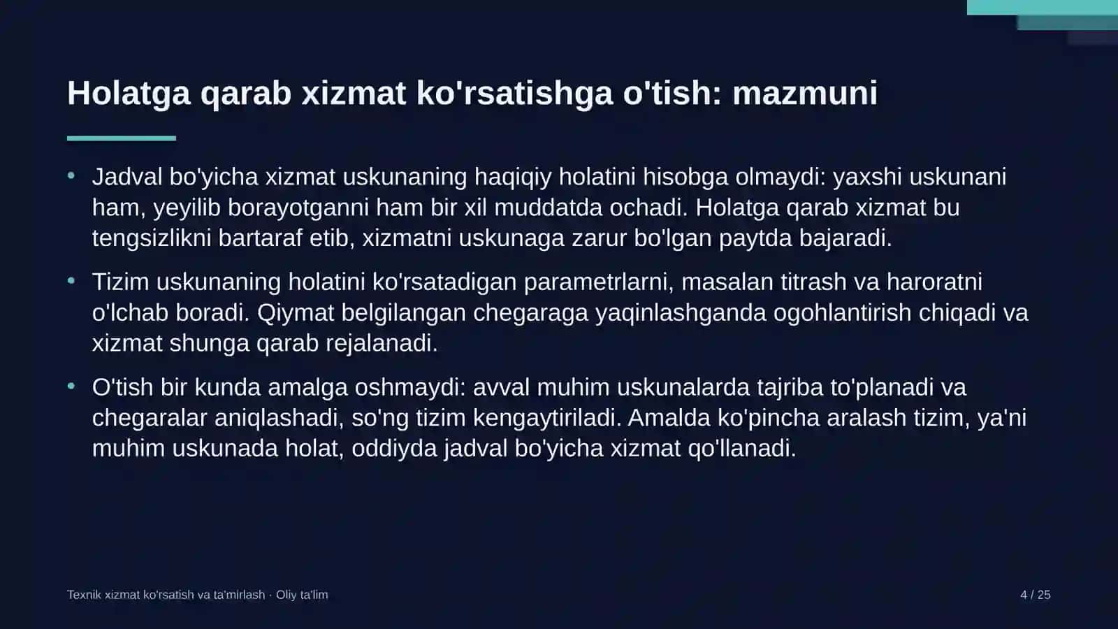 Kon-metallurgiya kombinatlarida holatga qarab texnik xizmat ko'rsatishga o'tish 4