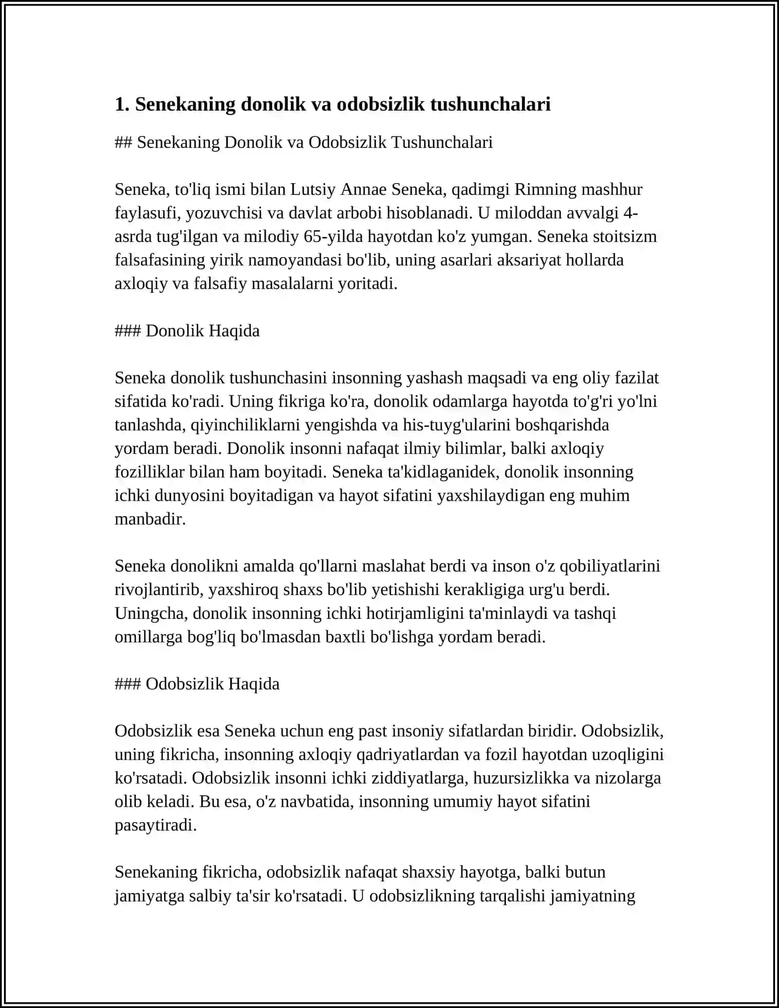 SENEKANING "LUTSILIYGA AXLOQIY XATLARI" ASARINI O'QISH VA SHU XATLAR ASOSIDA TALABALARNING O Z HAYOTI VA FAOLIYATIGA BAHO BERILGAN ESSE TAYYORLASH 4