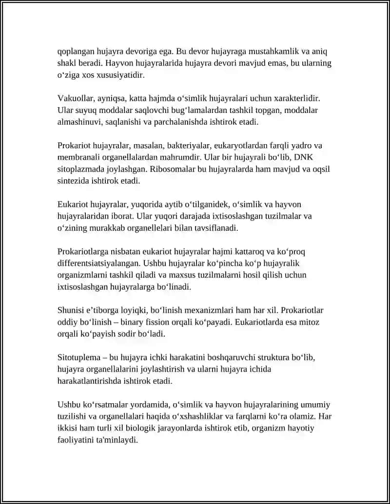 OʻSIMLIK VA HAYVON HUJAYRALARI OʻXSHASHLIGI VA FARQI. PROKARIOT VA EUKARIOTLARNING TUZILISHI. HUJAYRA SHAKLIGA EGA BOʻLMAGAN TUZILMALAR 4