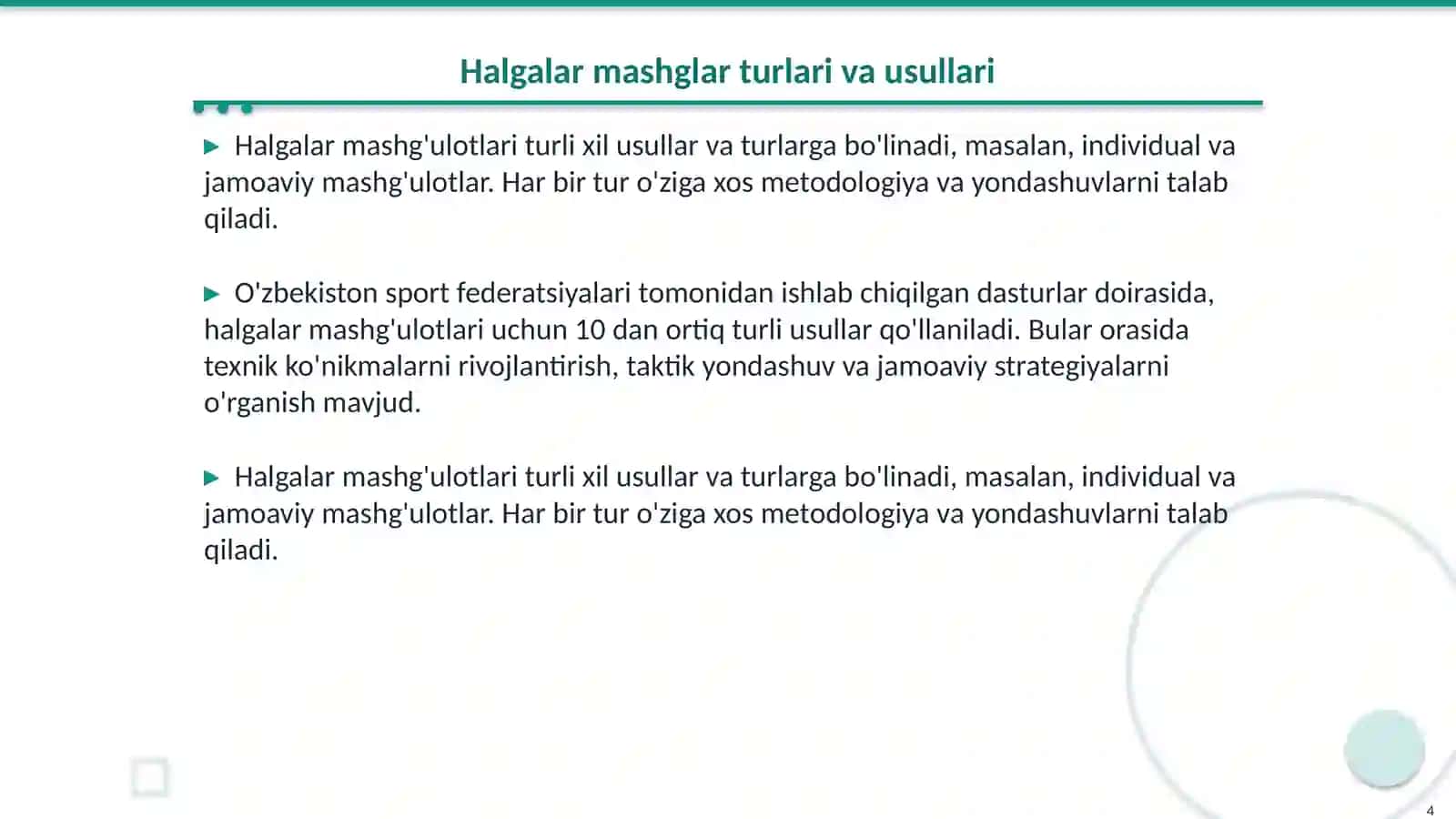 Halgalar mashglar bajarshni oʻrganish va takomillashtirish 4
