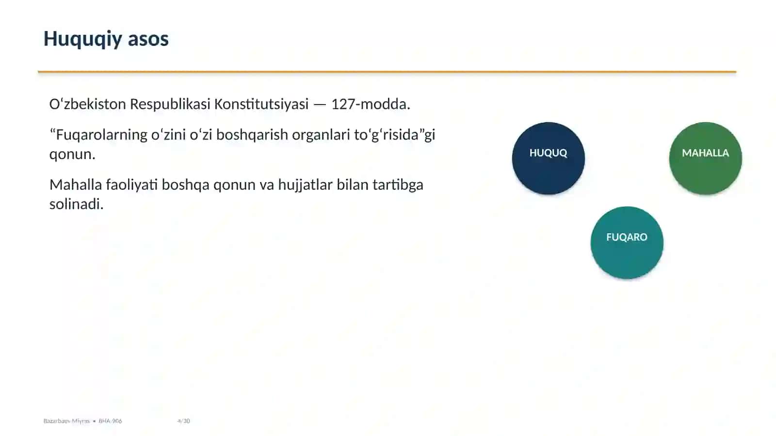 O‘ZBEKISTONNING O‘ZINI O‘ZI BOSHQARISH ORGANLARINING FAOLIYATI VA ULARNING JAMIYATNI DEMOKRATLASHTIRISHDAGI O‘RNI 4