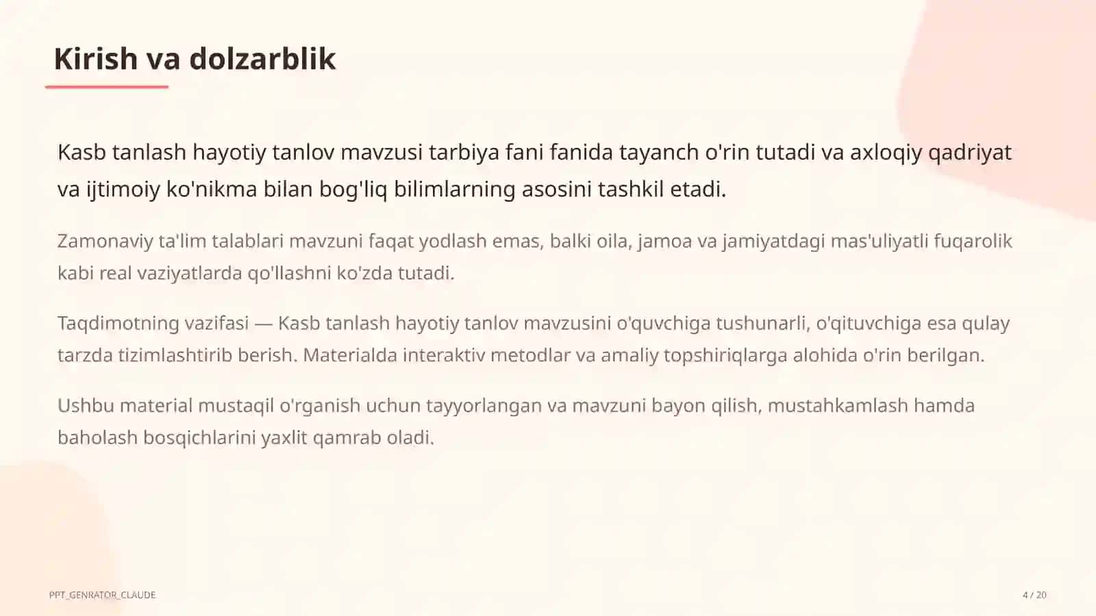 Kasb tanlash hayotiy tanlov (9-sinf) Tarbiya fani 4