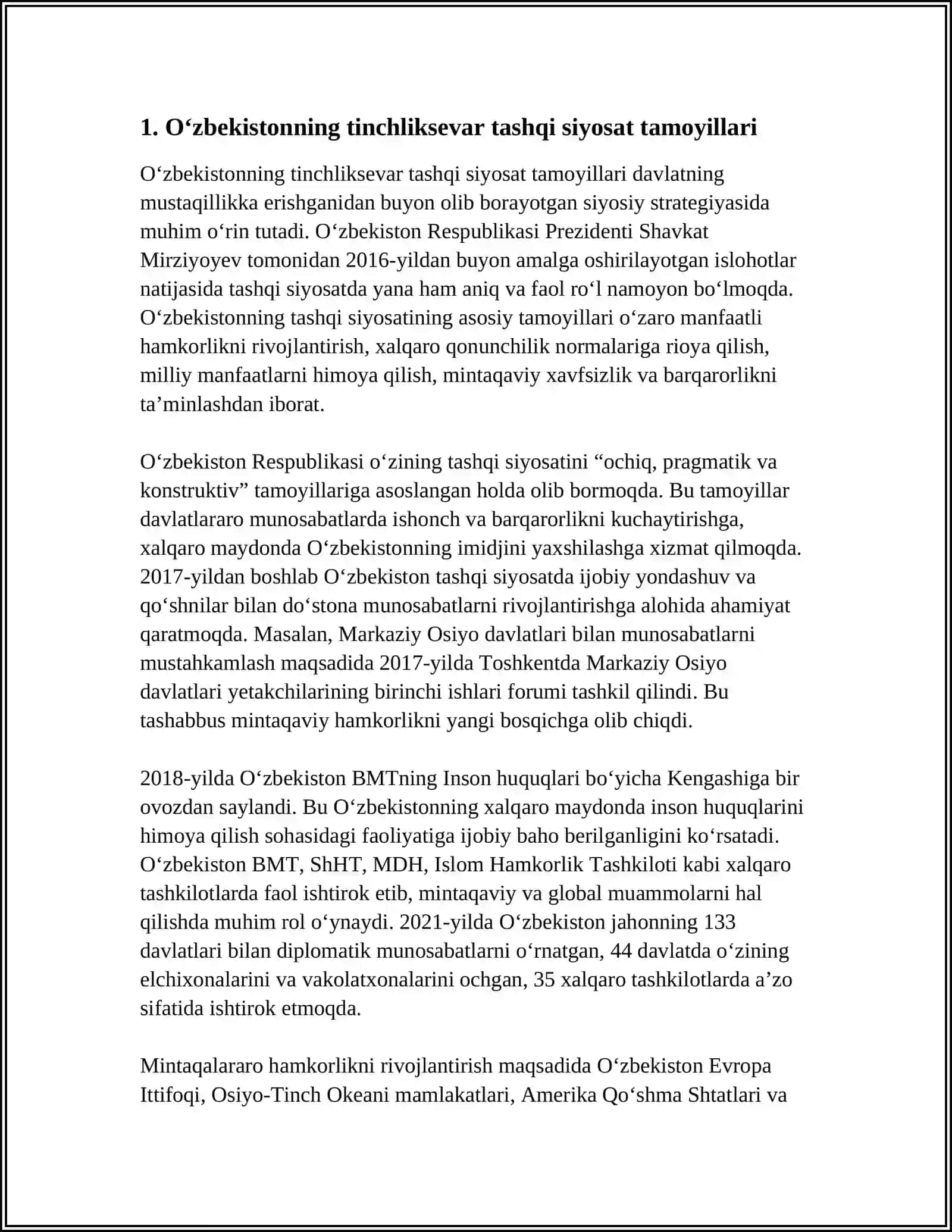 O‘zbekiston Tinchlik Sevar Tashqi Siyosati va Johon Hamjamiyatidan Tan Olinishi 4