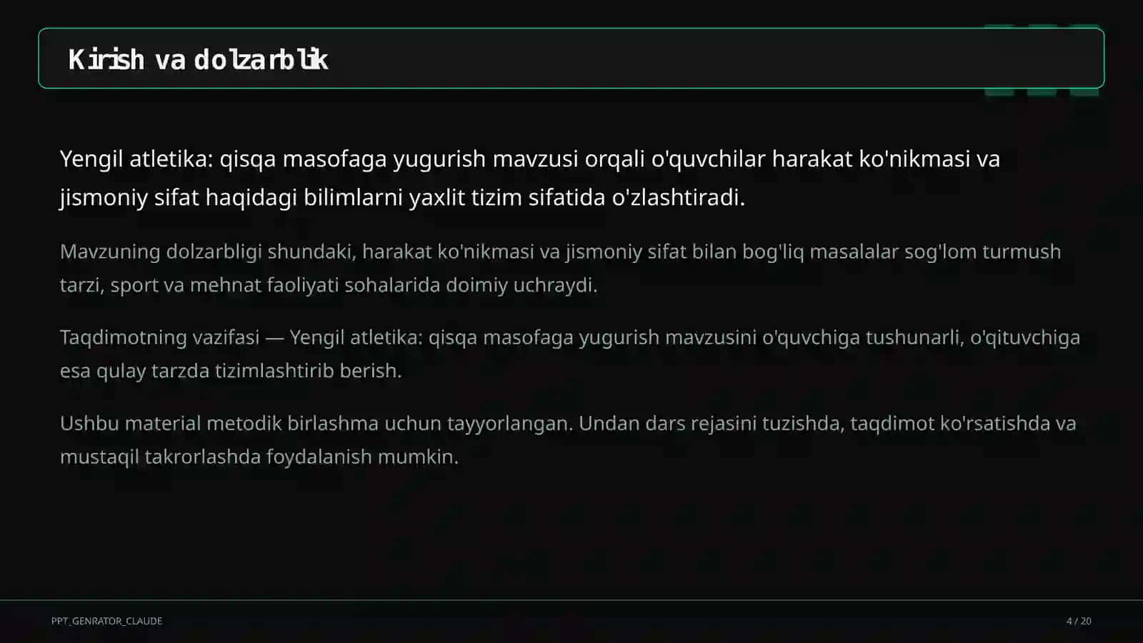 Yengil atletika: qisqa masofaga yugurish (4-sinf) 4