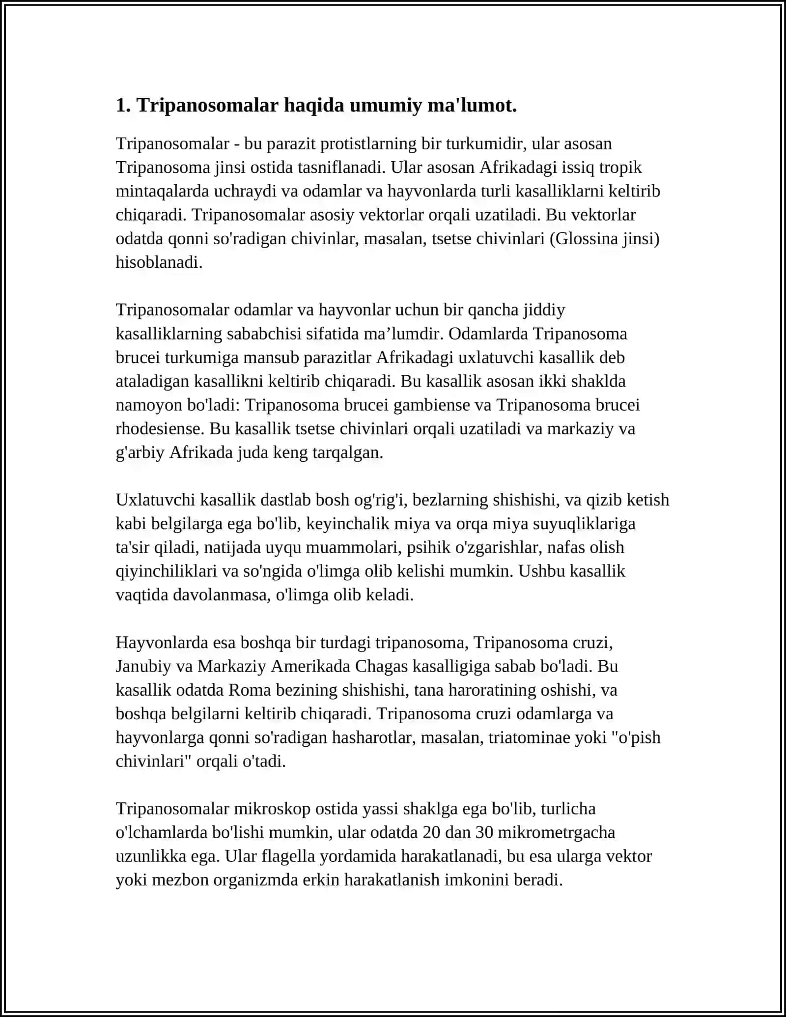 TIBBIY PROTOZOOLOGIYA.XIVCHINLILAR ODAM PARAZITLARI: TRIPANOSOMALAR, LEYSHMANIYLAR, TRIXOMONADALAR, LYAMLIYALAR 4