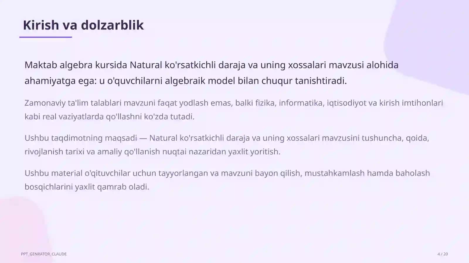 Natural ko'rsatkichli daraja va uning xossalari (7-sinf) 4