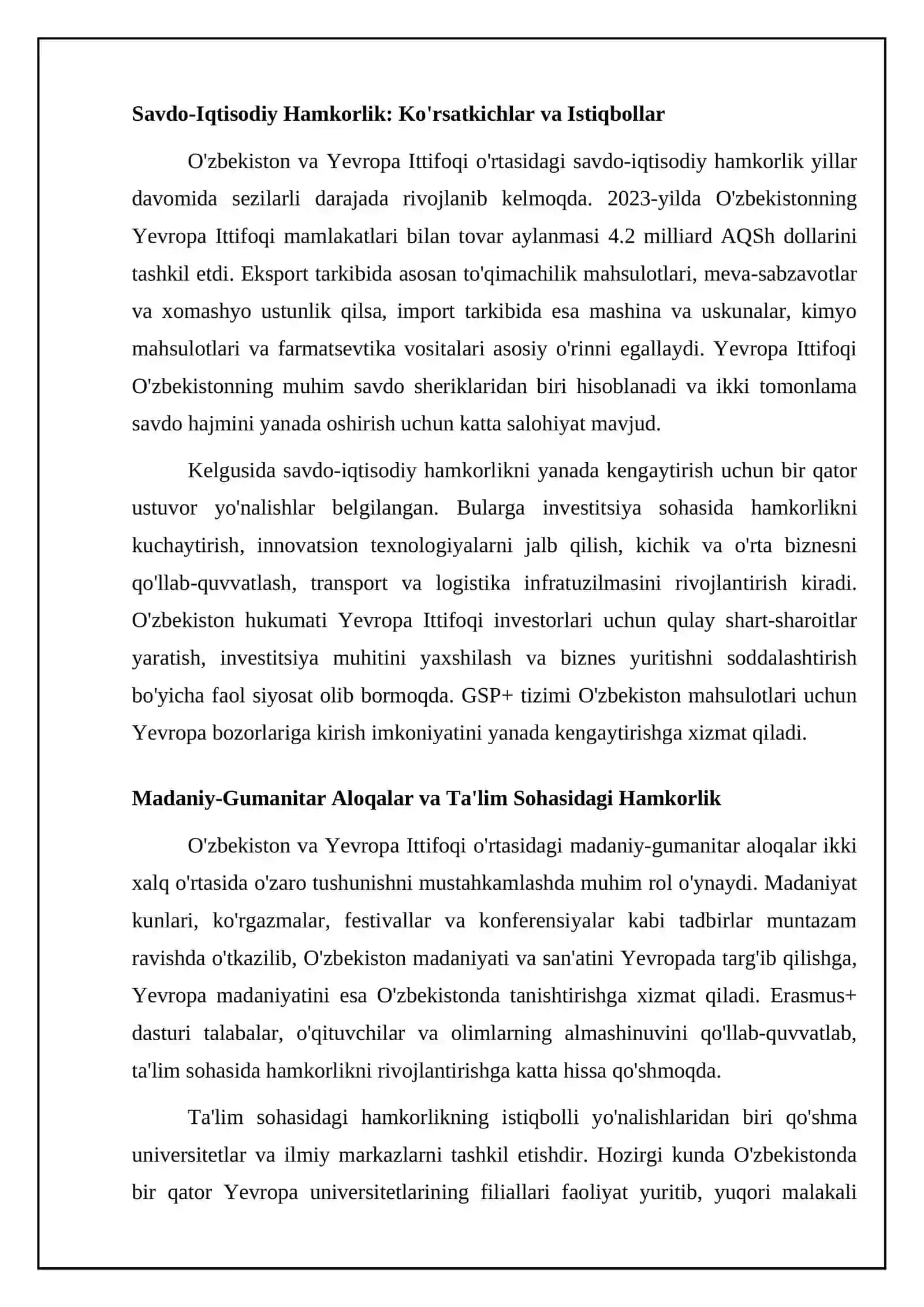 Oʻzbekiston va Yevropa Ittifoqi: Hamkorlikning asosiy yo'nalishlari 4