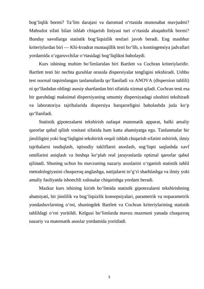 Bir jinslilikka tekshirish kriteriylari. Bog‘liqsizlikka tekshirish kriteriylari 4