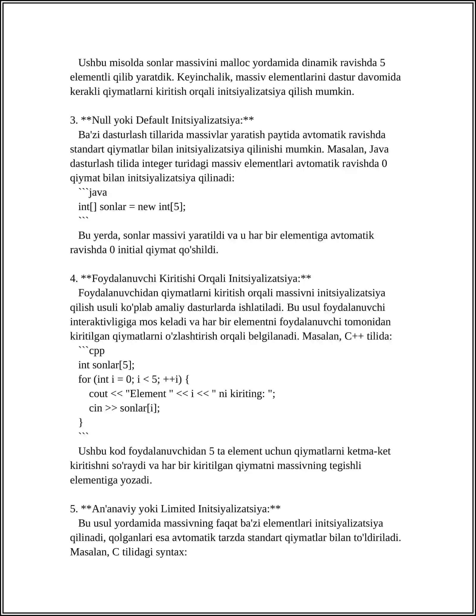 O’LCHAMLI KO’RSATILGAN MASSIV ELEMENTLARINI TO’LIQ INITSIYAZIATSIYALASH MAVZUSIDA 4