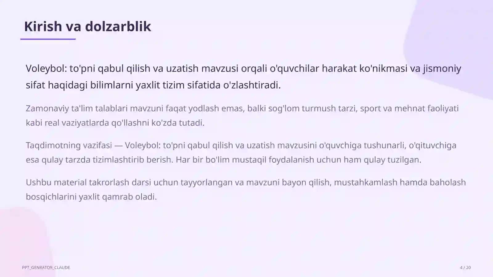 Voleybol: to'pni qabul qilish va uzatish (5-sinf) 4