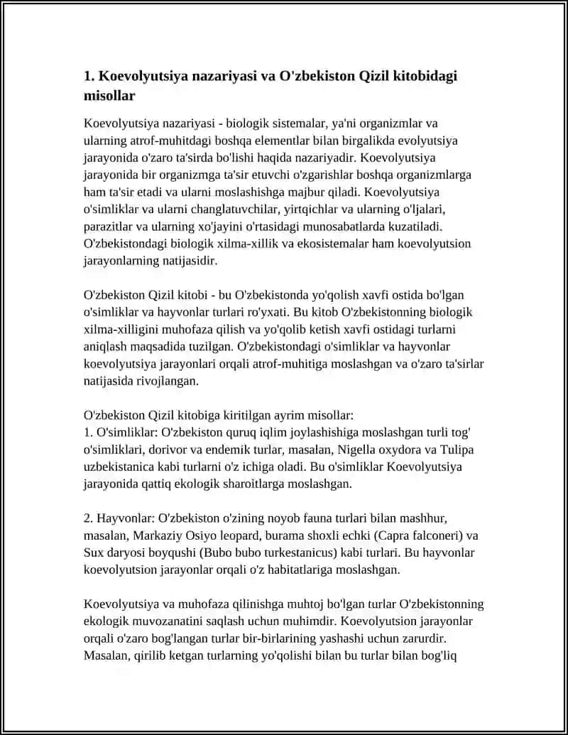 KOEVOLYUTSIYA VA ENVIRONMENTALIZM DIALEKTIKASI MAVZUSIDA ESSE O'ZBEKISTON QIZIL KITOBIGA KIRITILGAN O'SIMLIKLAR VA HAYVONLAR O'ZBEKISTON TABIATI HAQIDA KROSVORD 4