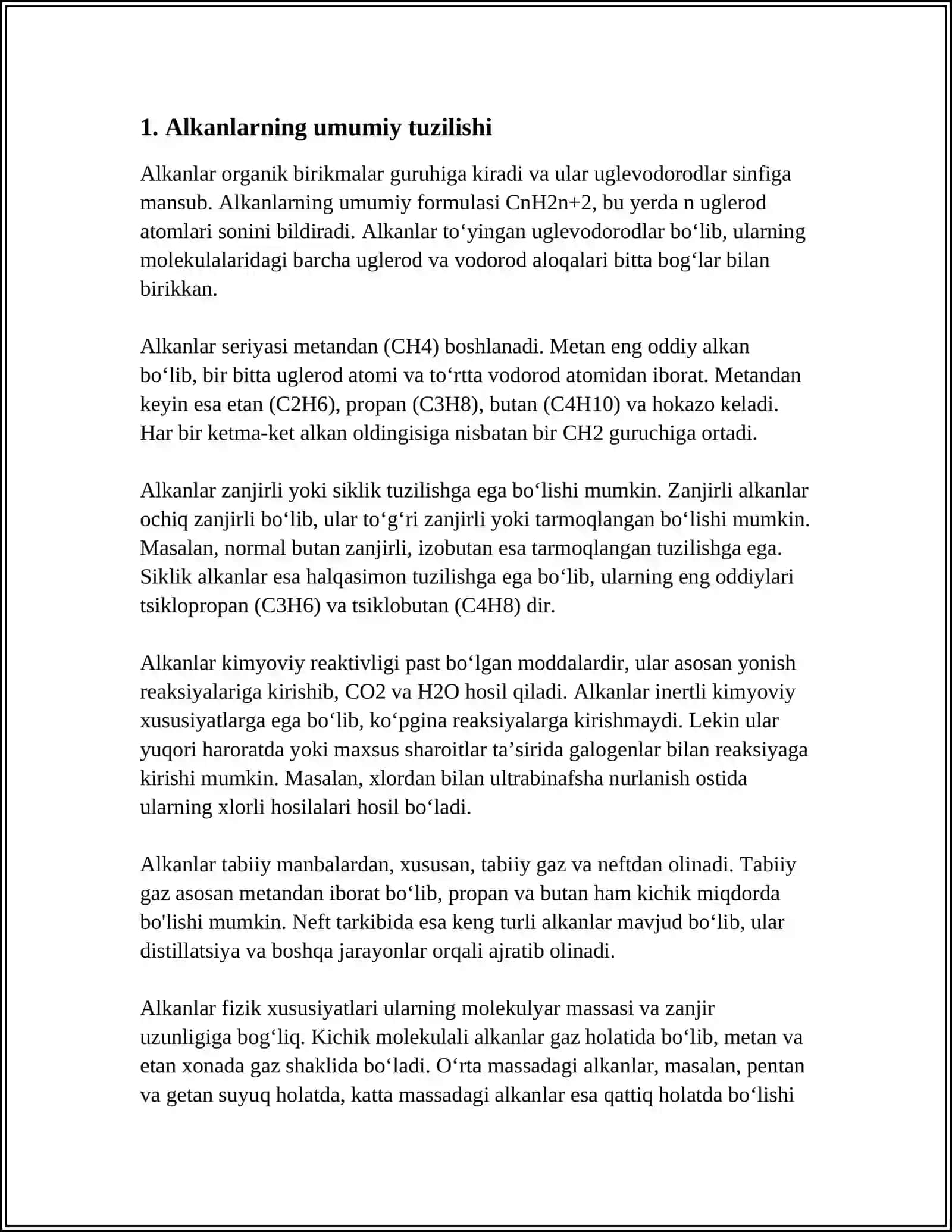 TOYINGAN UGLEVODORODLAR. ALKANLAR NOMLANISHI, IZOMERIYASI OLINISHI FIZIK-KIMYOVIY HOSSALARI 4