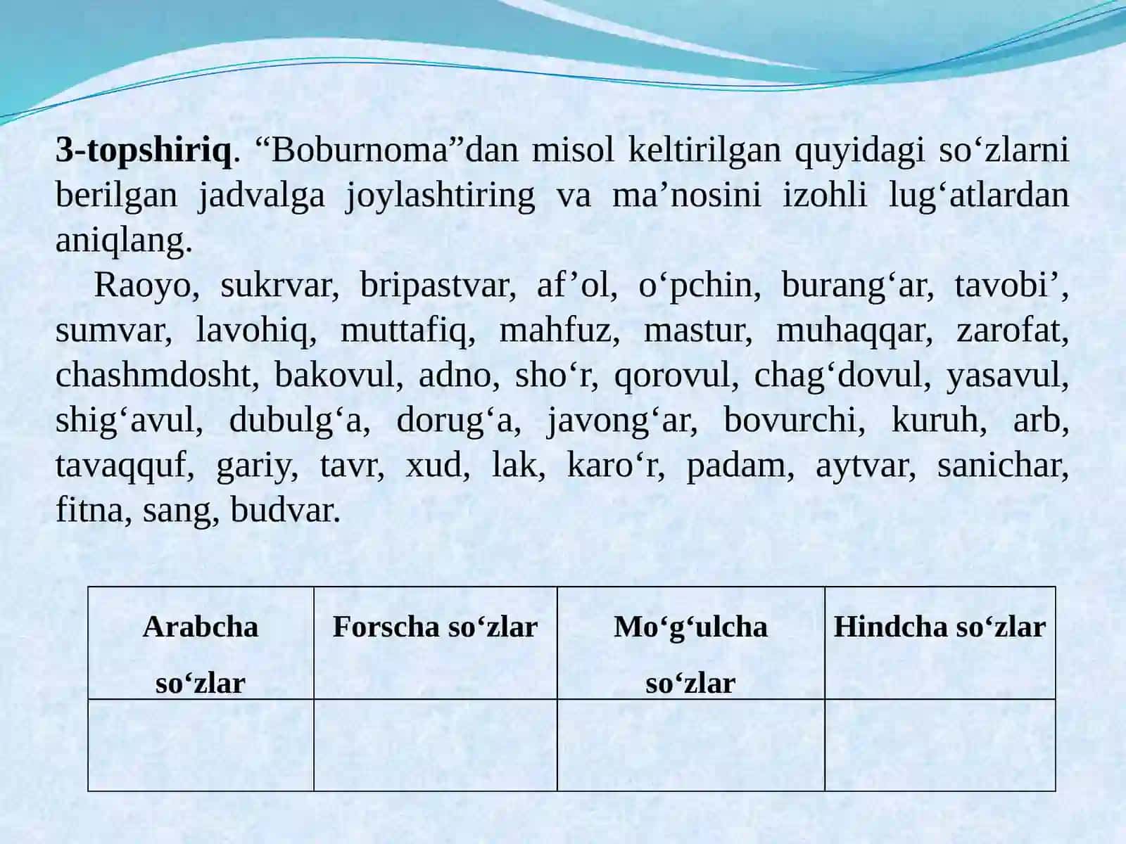 Mustaqil va yordamchi so‘z turkumlari (Lutfiy, Atoiy, Sakkokiy, Navoiy, Bobur, Mashrab, Muqimiy, Furqat) 4