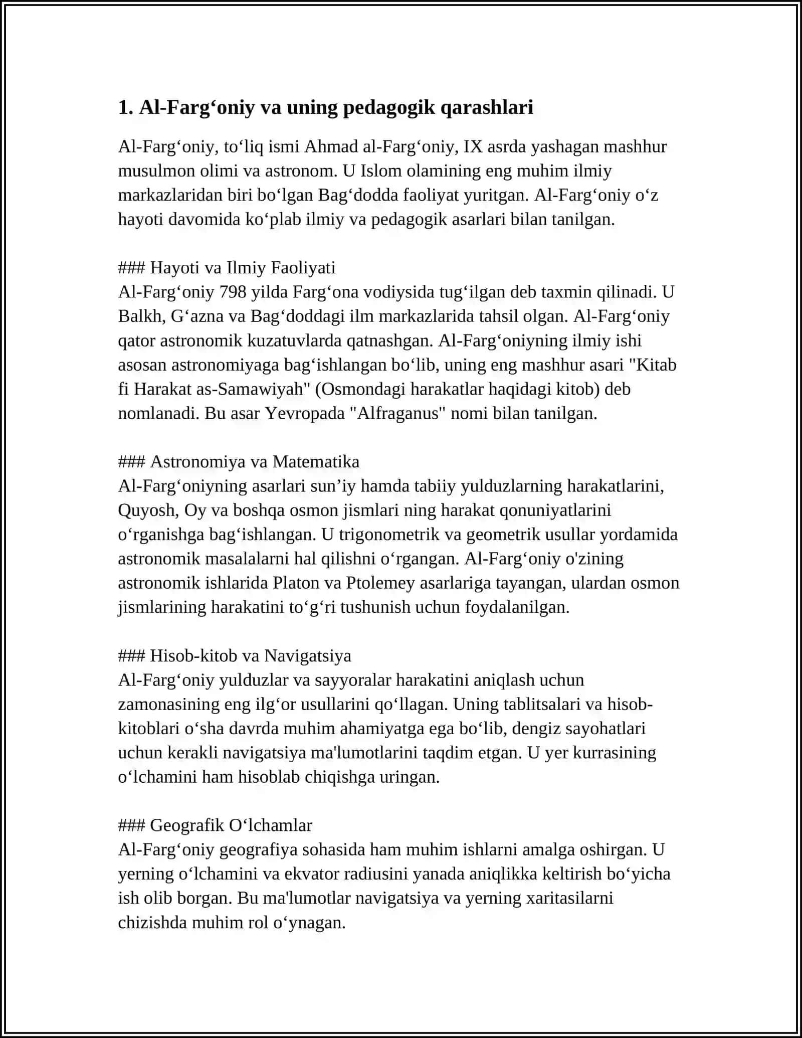 SHARQ MUTAFAKKIRLARI AL FARGʻONIY,BERUNIY,KAYKOVUS,IBN SINO,AL FAROBIY LARNI PEDAGOGIK ULUSHI HAQIDA 4