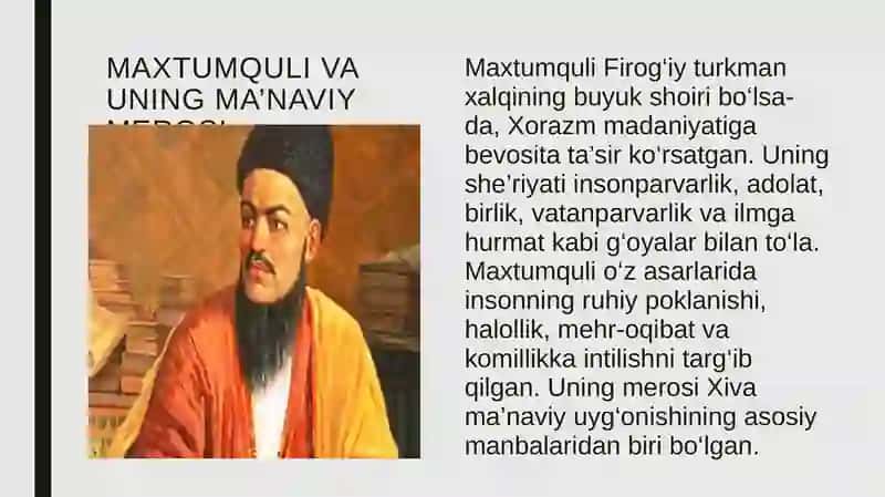 XIVA XONLIGIDA MADANIY-MAʼNAVIY UYG'ONISH: MAXTUMQULI, MUNIS, OGAHIY, FERUZ, KOMIL XORAZMIY TAQDIMOTI 4